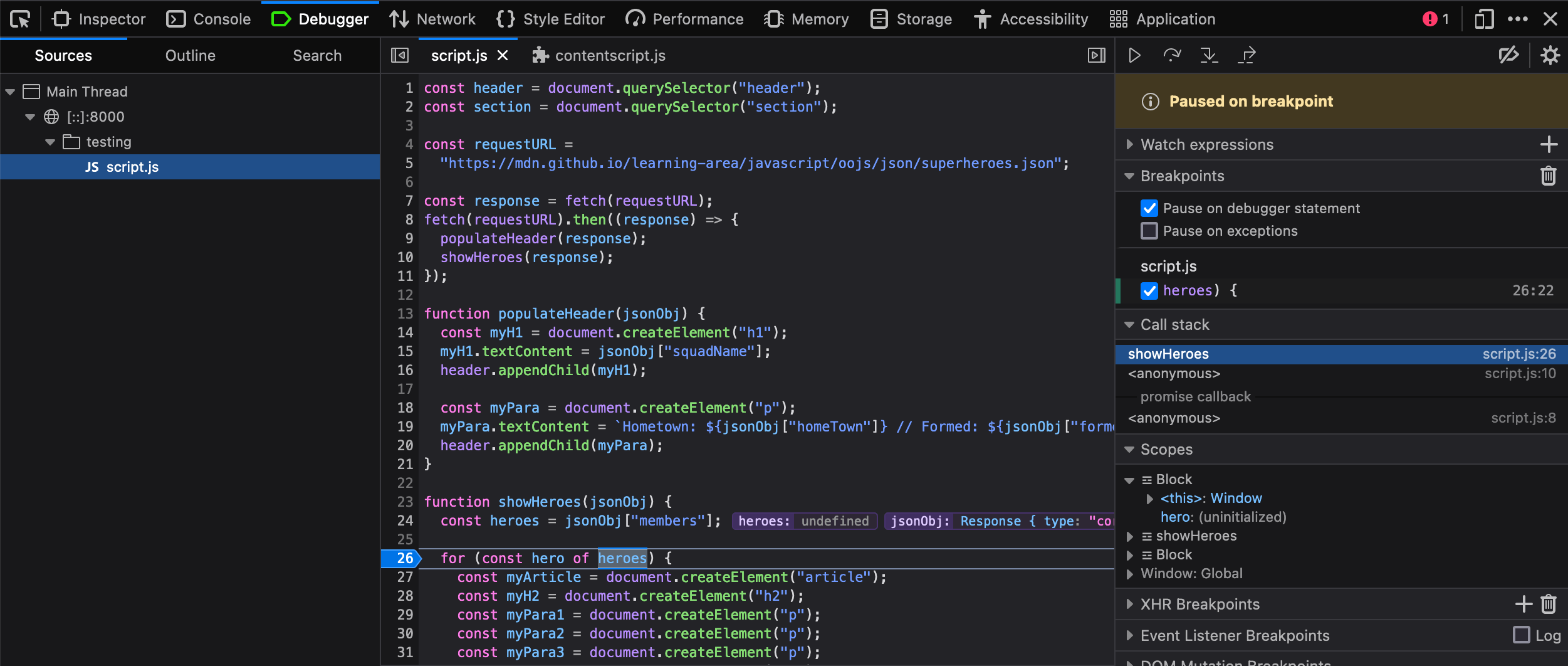 Firefox Debugger mit einem Breakpoint