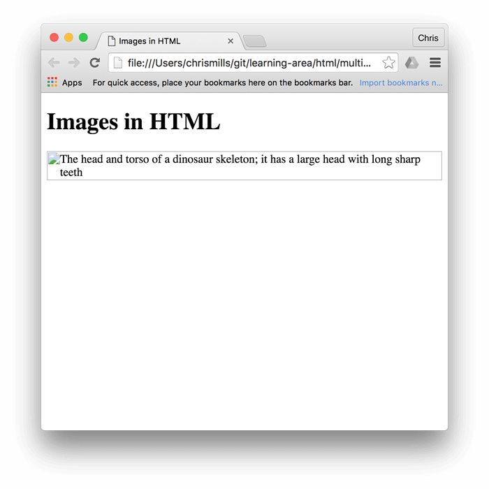 Der Titel "Bilder in HTML", aber dieses Mal wird das Dinosaurierbild nicht angezeigt und der Alt-Text tritt an seine Stelle.