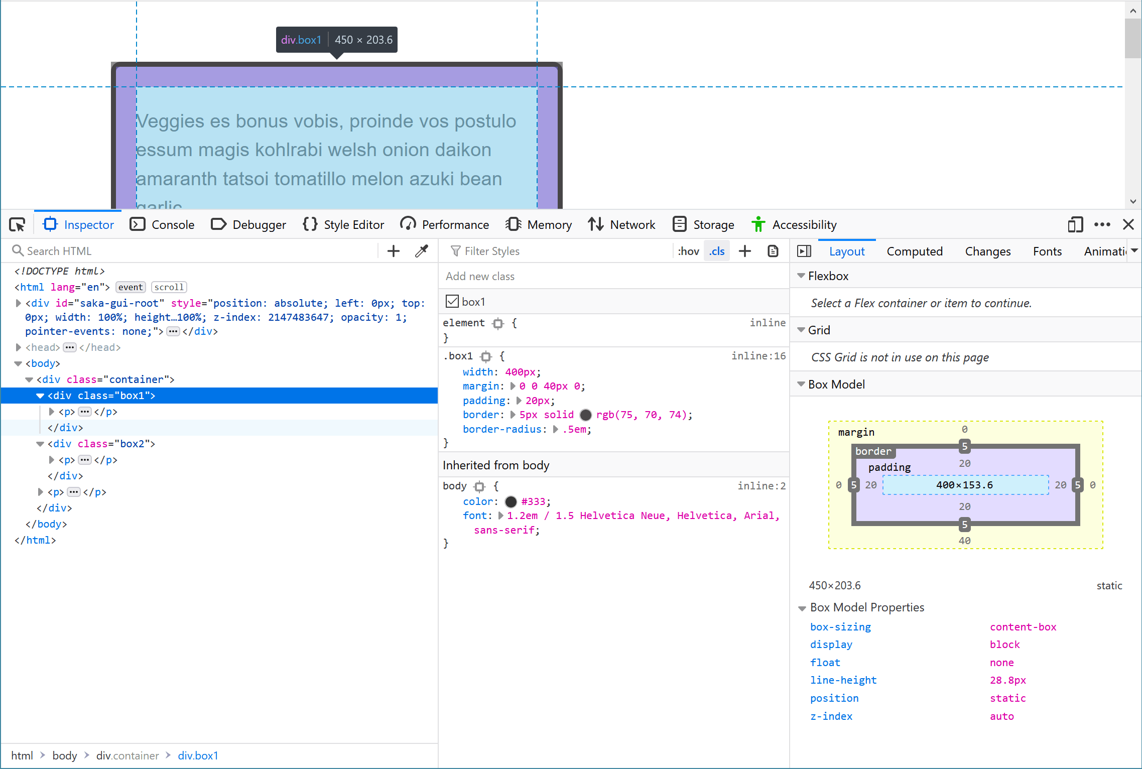 Der Layout-Abschnitt der DevTools