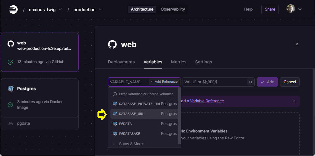 Railway-Website-Bildschirm zur Auswahl einer DATABASE_URL