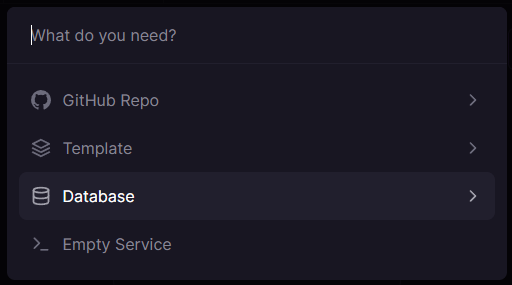 Railway-Popup zeigt Optionen für eine neuen Service, z.B. Datenbank, GitHub-Repo, leeren Service usw.