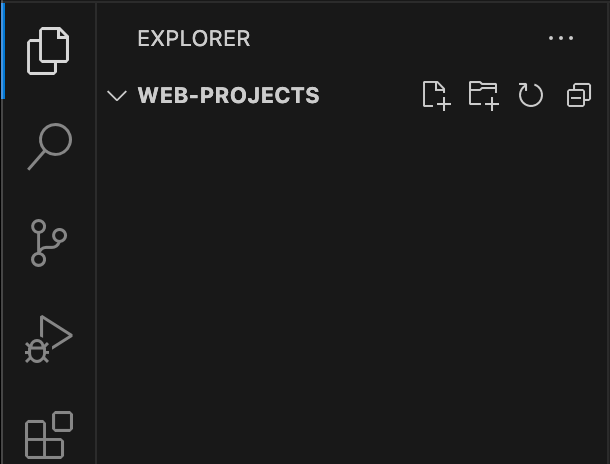 Das VS Code Explorer Panel, das einen leeren Ordner namens web-projects zeigt