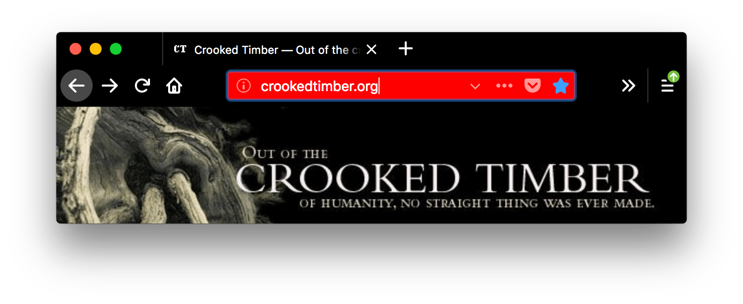 Browser Firefox ist schwarz. Die Tabs, Suchleiste und URL-Leiste des Browsers sind schwarz mit weißem Text und Symbolen. Die Hintergrundfarbe der fokussierten URL-Leiste ist rot und der Text ist weiß.