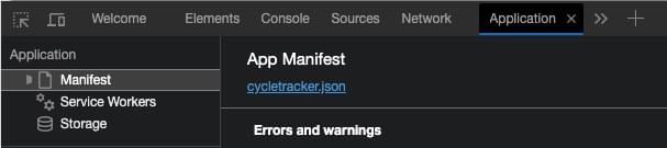 In den Entwicklertools enthält das linke Panel Links zum Manifest. Die rechte Seite liest App Manifest, mit dem Dateinamen als Link zur JSON-Datei.