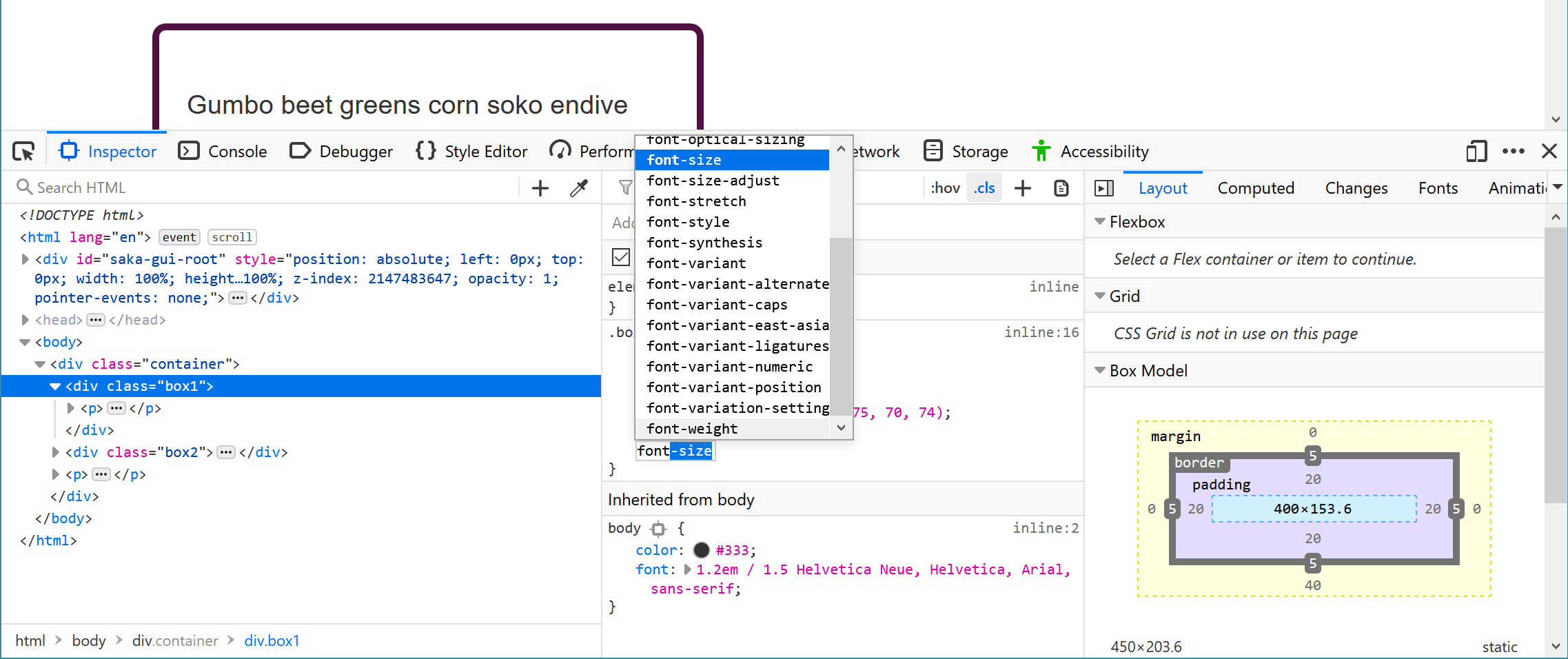 La ventana DevTools, que añade una propiedad nueva a las reglas, con el autocompletado para font-open