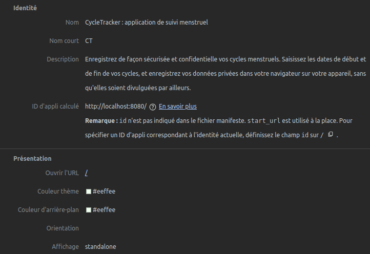 Les propriétés relatives à l'identité et à la présentation, avec leurs valeurs si elles sont présentes.