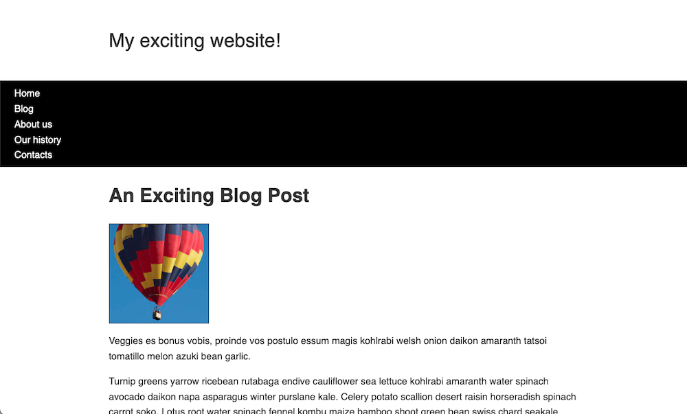 布局任务的起点。这些元素没有被整齐地排列。有一个网站的标题,上面是一个黑色的导航条,有 5 个链接平齐在左边,后面是博客文章的标题和文章内容。在博客标题和博客内容之间,有一张照片是平齐在左边。