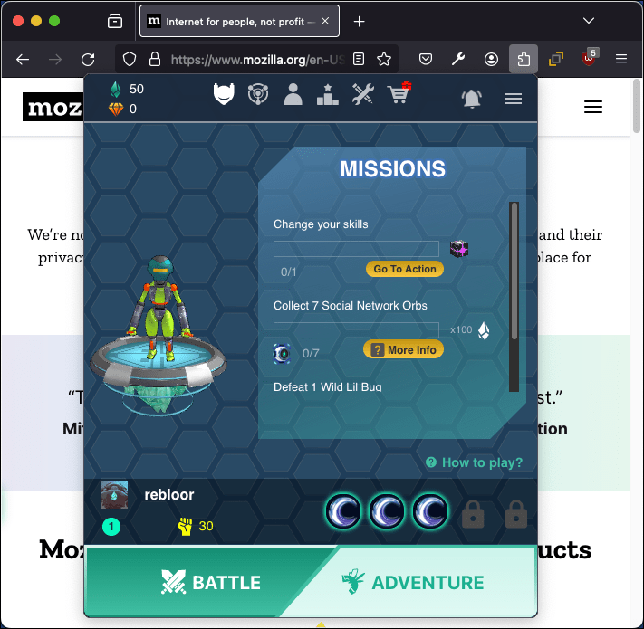 Dedalium 弹出窗口显示播放状态,并提供开始战斗或冒险的选项。